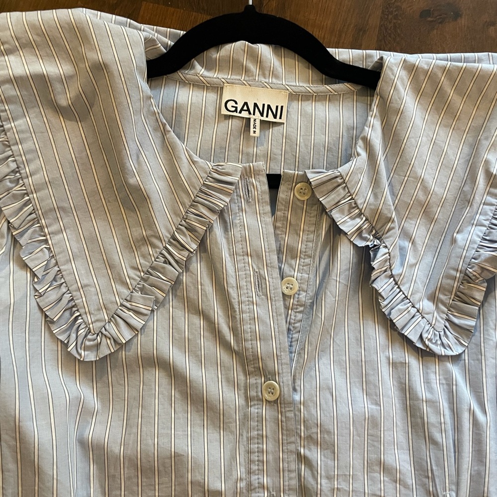 Ganni Blue and White Striped Ruffle Collar Button-Down Shirt
